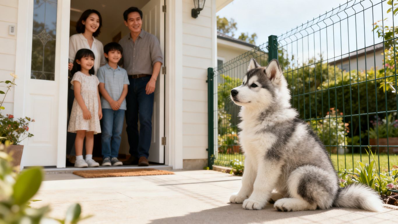 Siberian Husky puppy with caring family