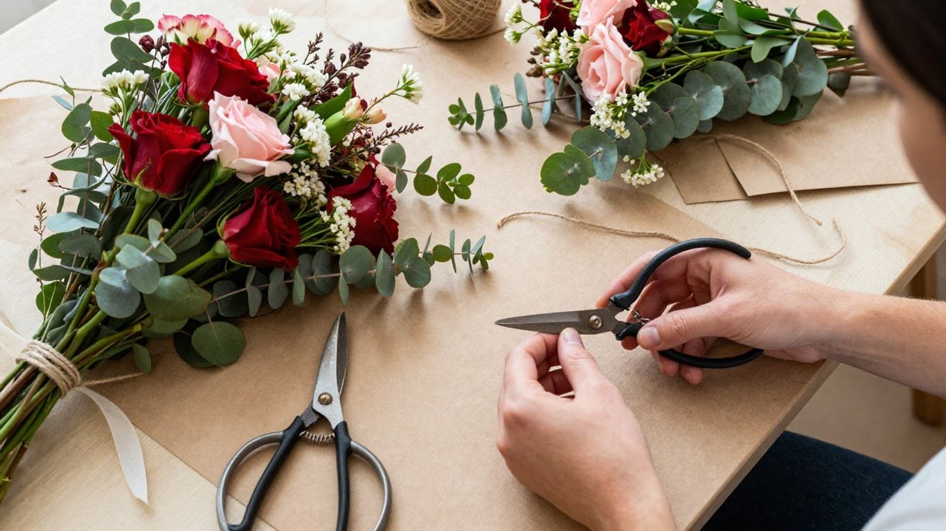 Hands arranging a balanced romantic flower bouquet