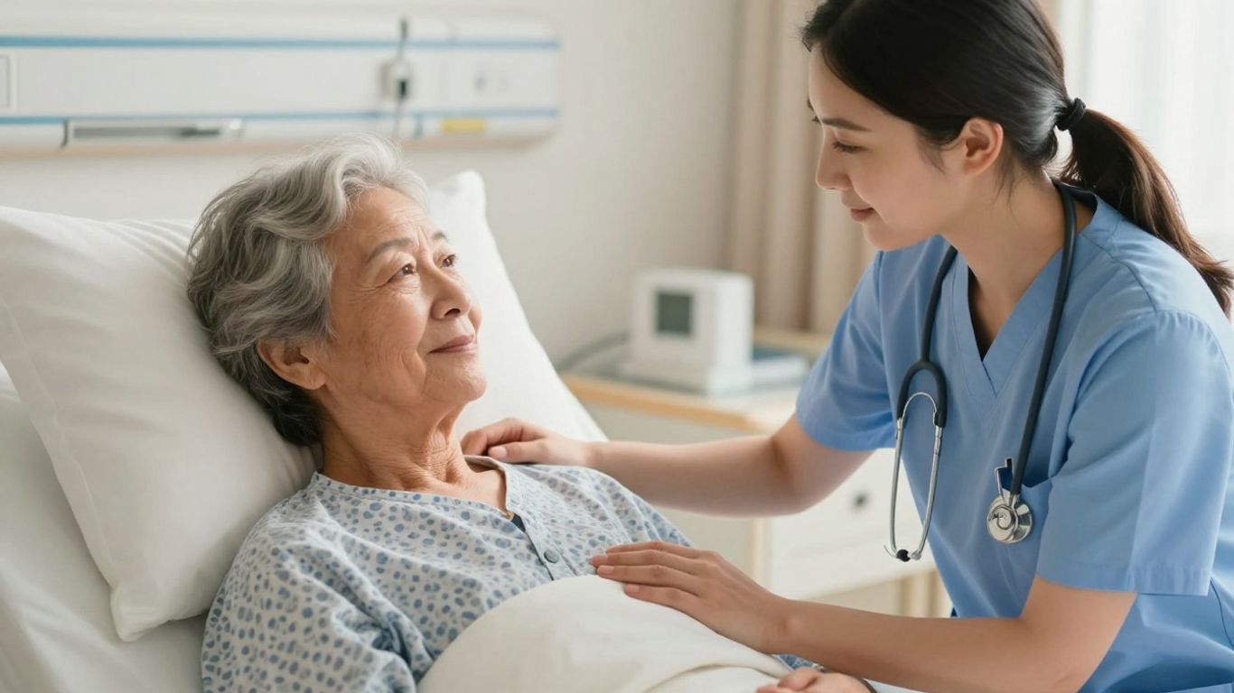 Nurse holding elderly patient's hand in hospital room.