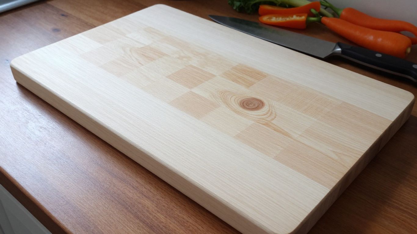 Maple cutting board with groove beside fresh vegetables