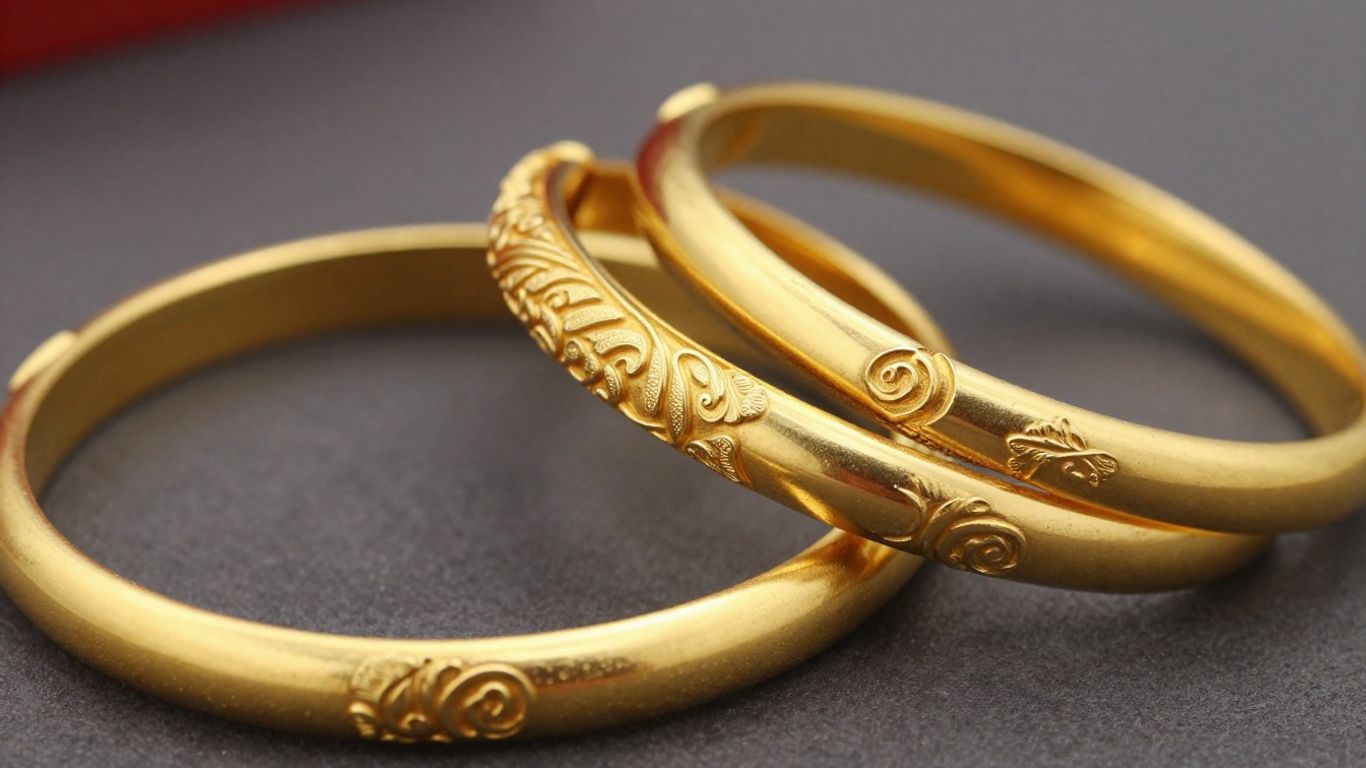 Elegant gold bangles with intricate designs.