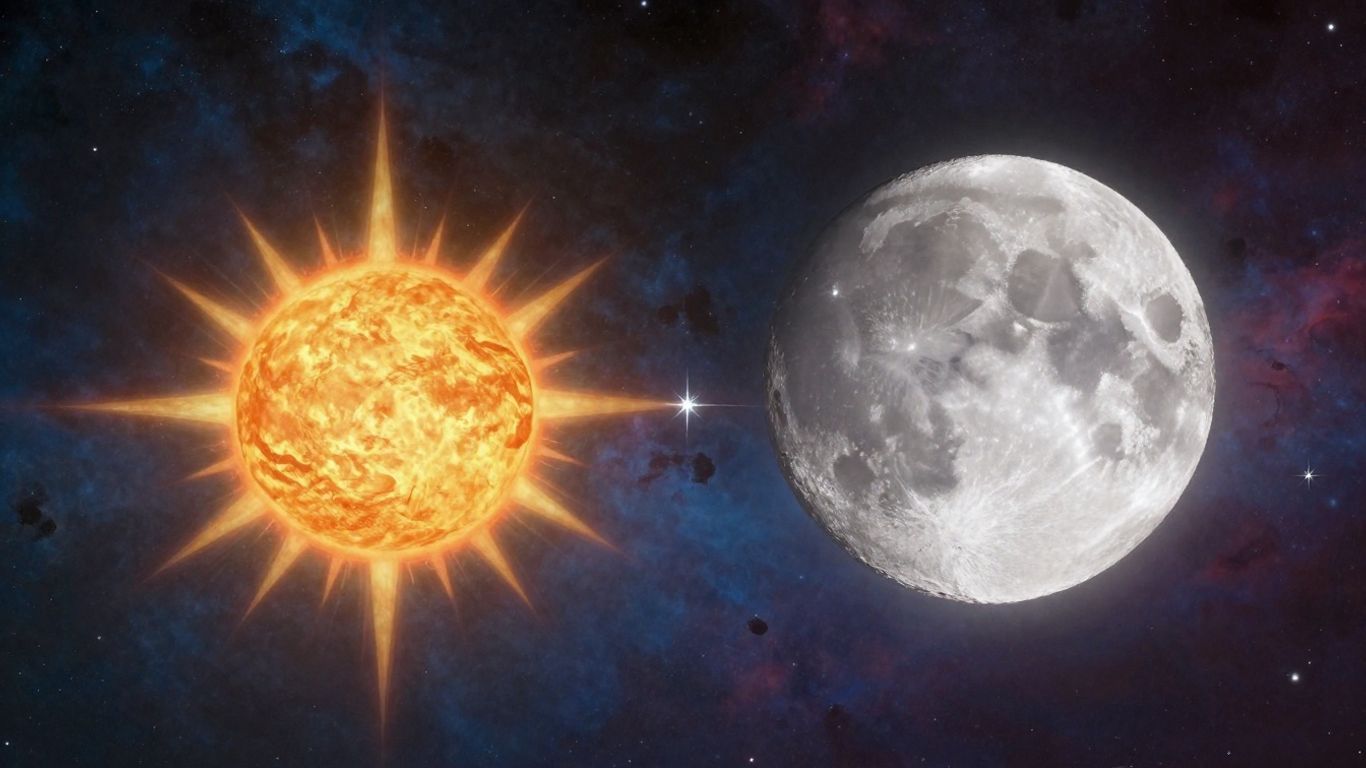 Sun, moon, and rising starburst against a cosmic background.
