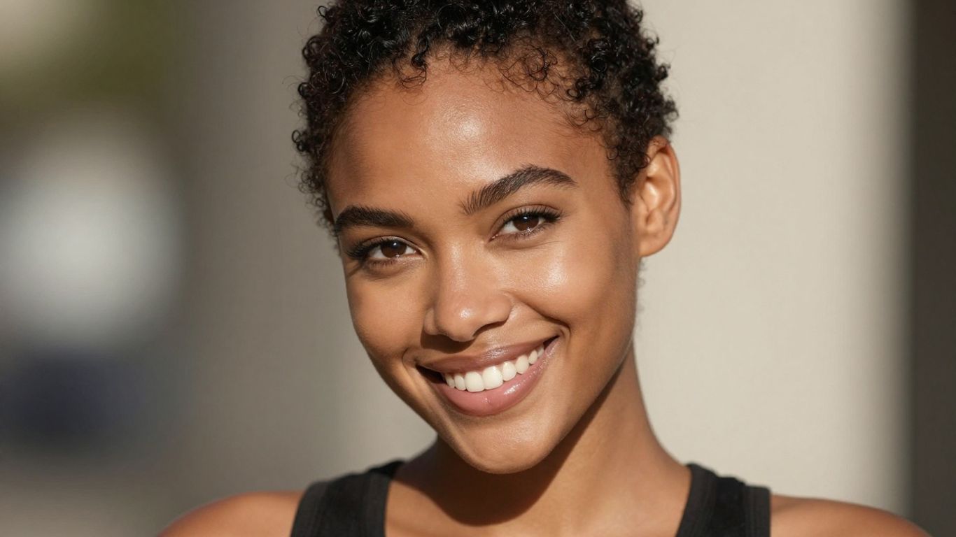 Woman with mixed heritage beauty smiling confidently.