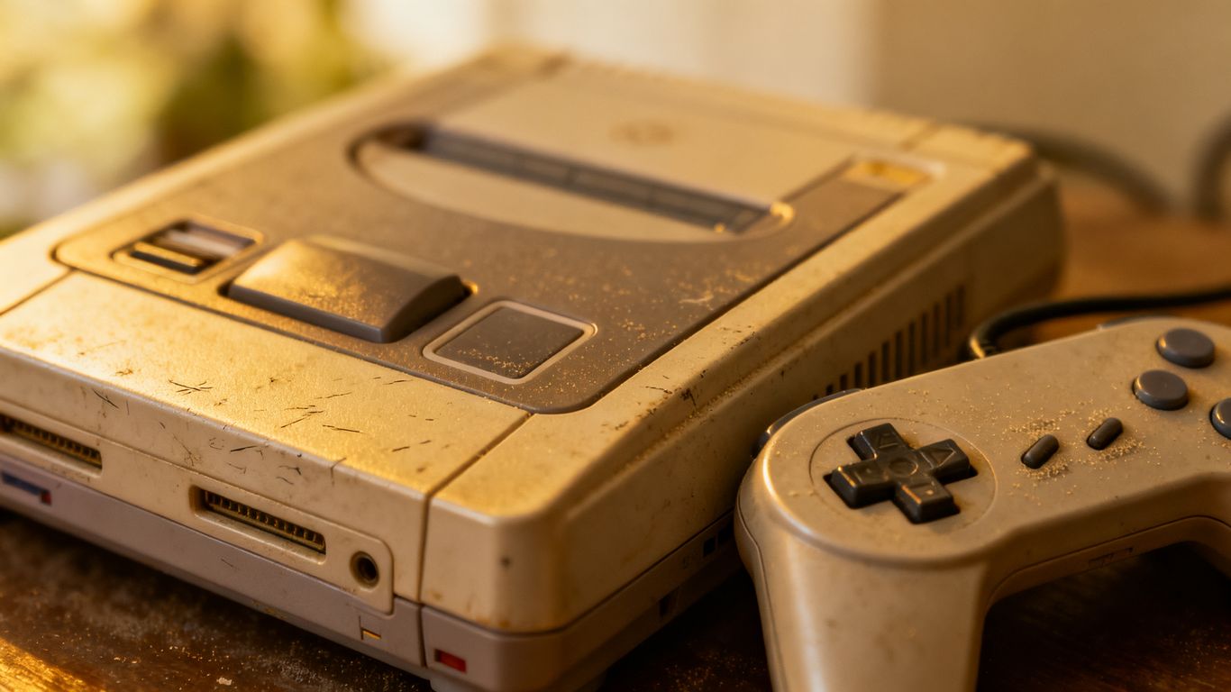 Gebrauchte Spielekonsole mit Controller, Nahaufnahme