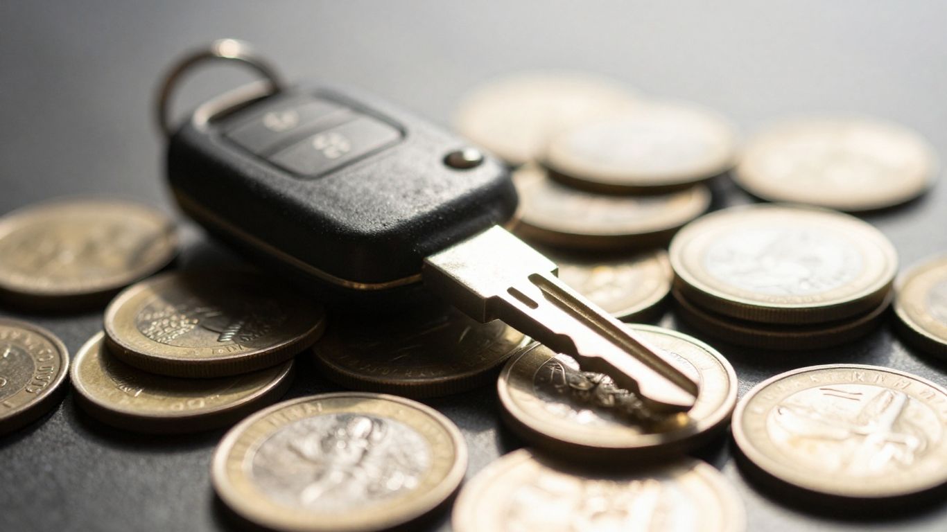 Car key on coins, symbolizing car finance.