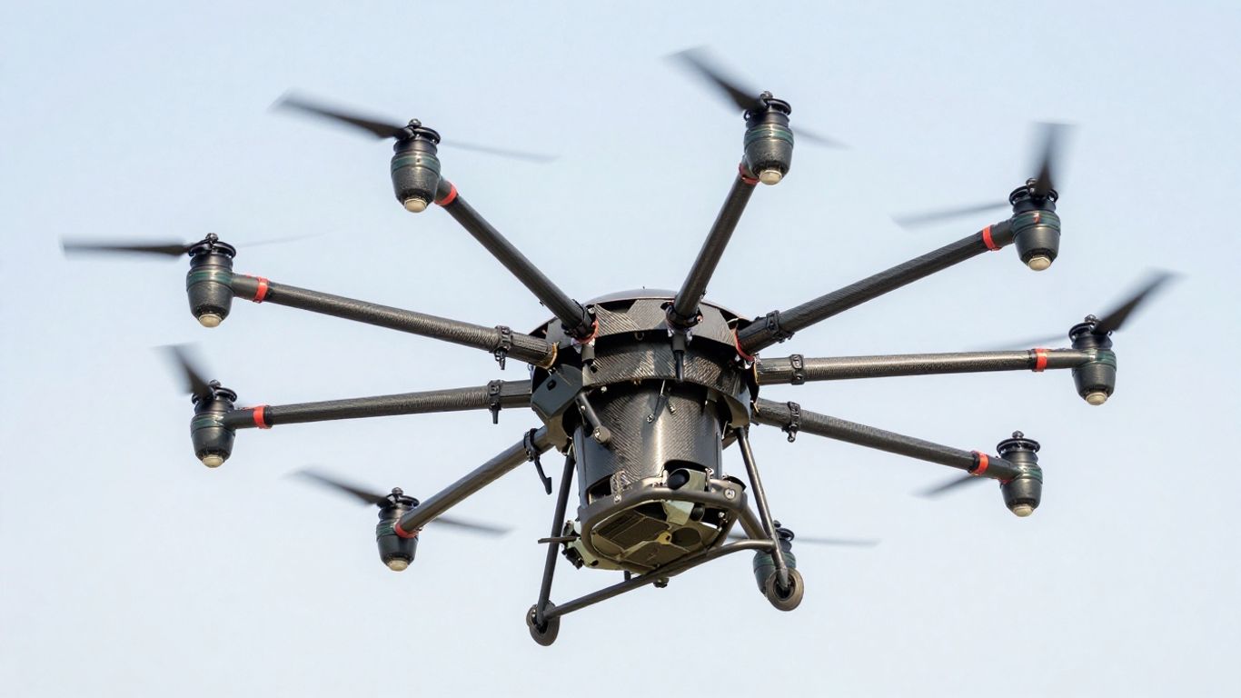 A heavy lift industrial hexacopter in flight