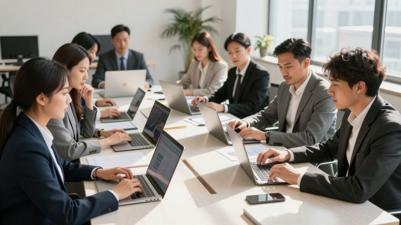 Team working together in a modern office setting.