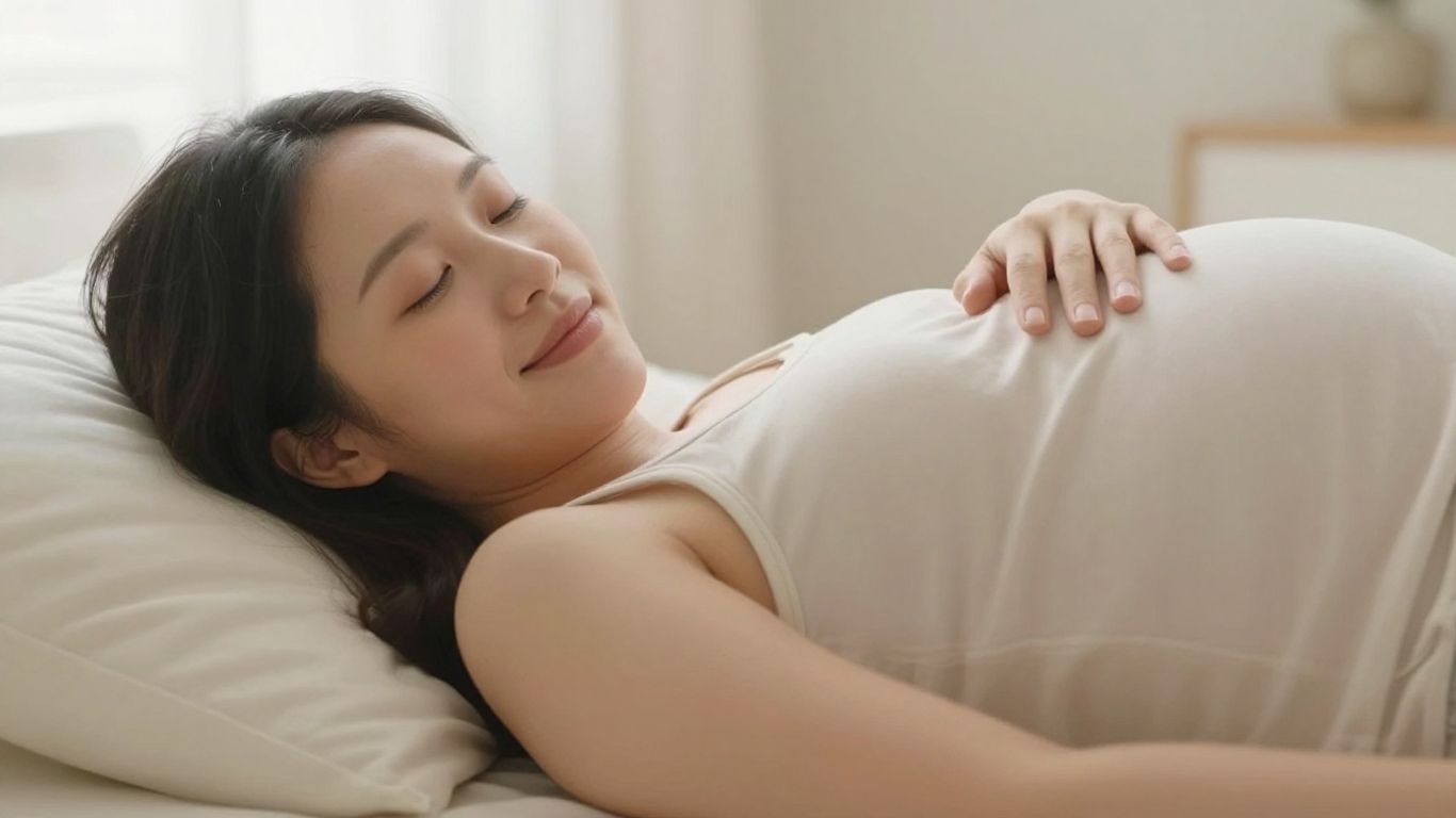 Mujer embarazada tocando su vientre con ternura.