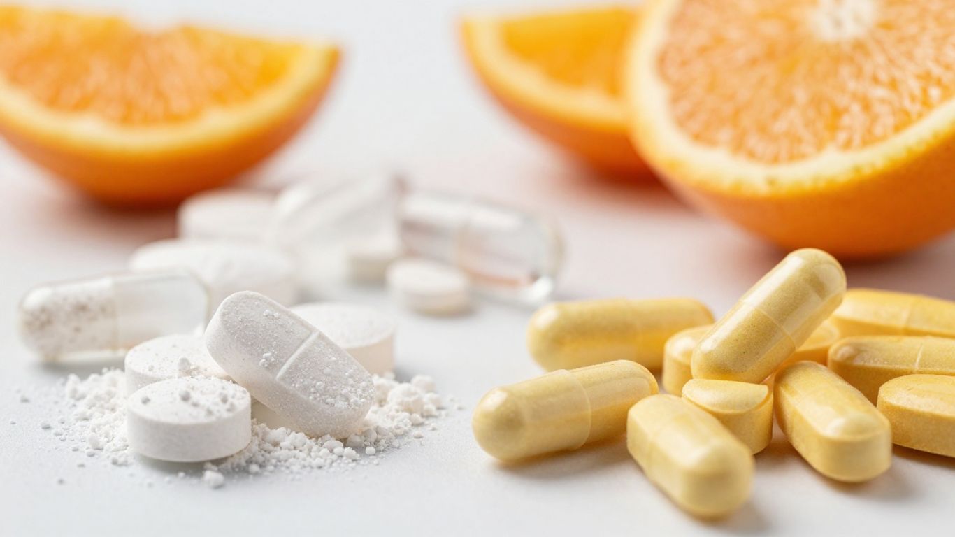 Various vitamin C supplement forms and citrus fruits.
