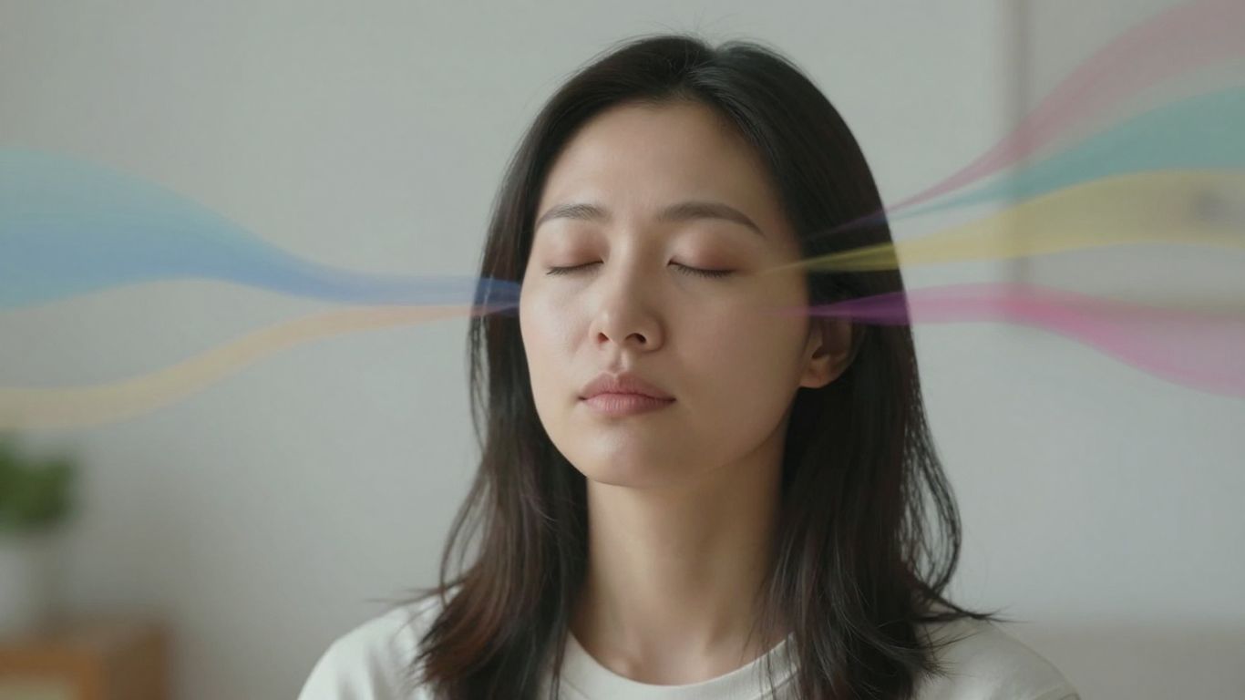 Person meditating, mental clutter dissolving.