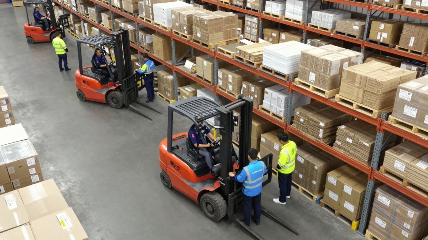 Distribution center operations with teams and forklifts.