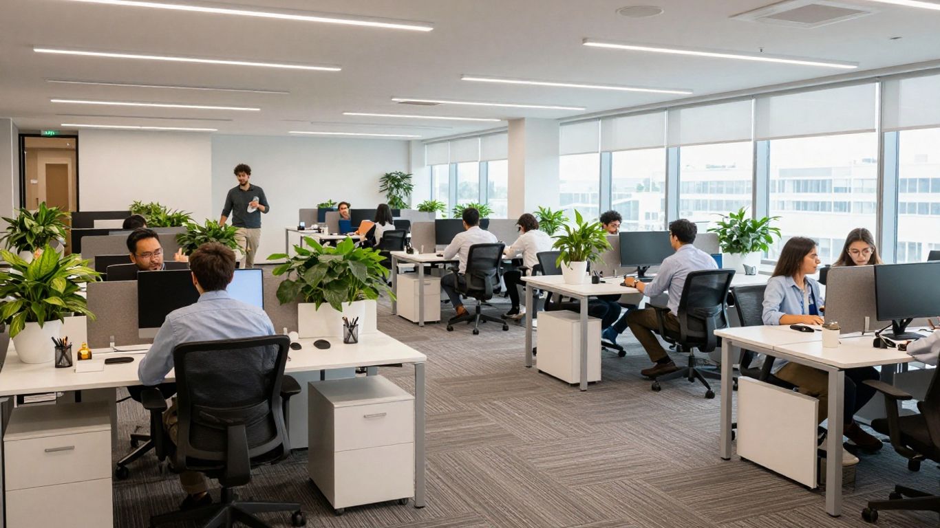 Moderne Bürolandschaft mit flexiblen Arbeitsplätzen und Kollaborationsbereichen.