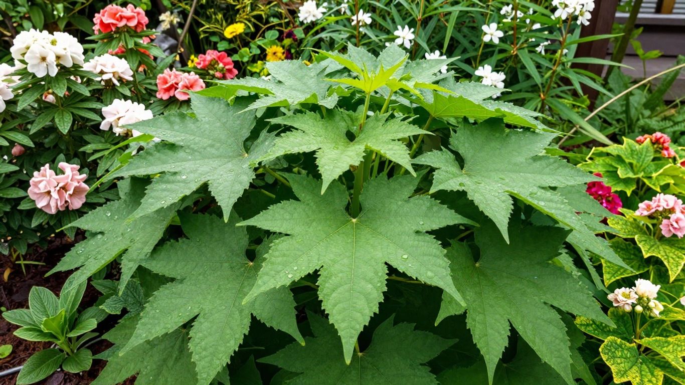Kräftige Pflanzen im Frühlingsgarten mit bunten Blüten.