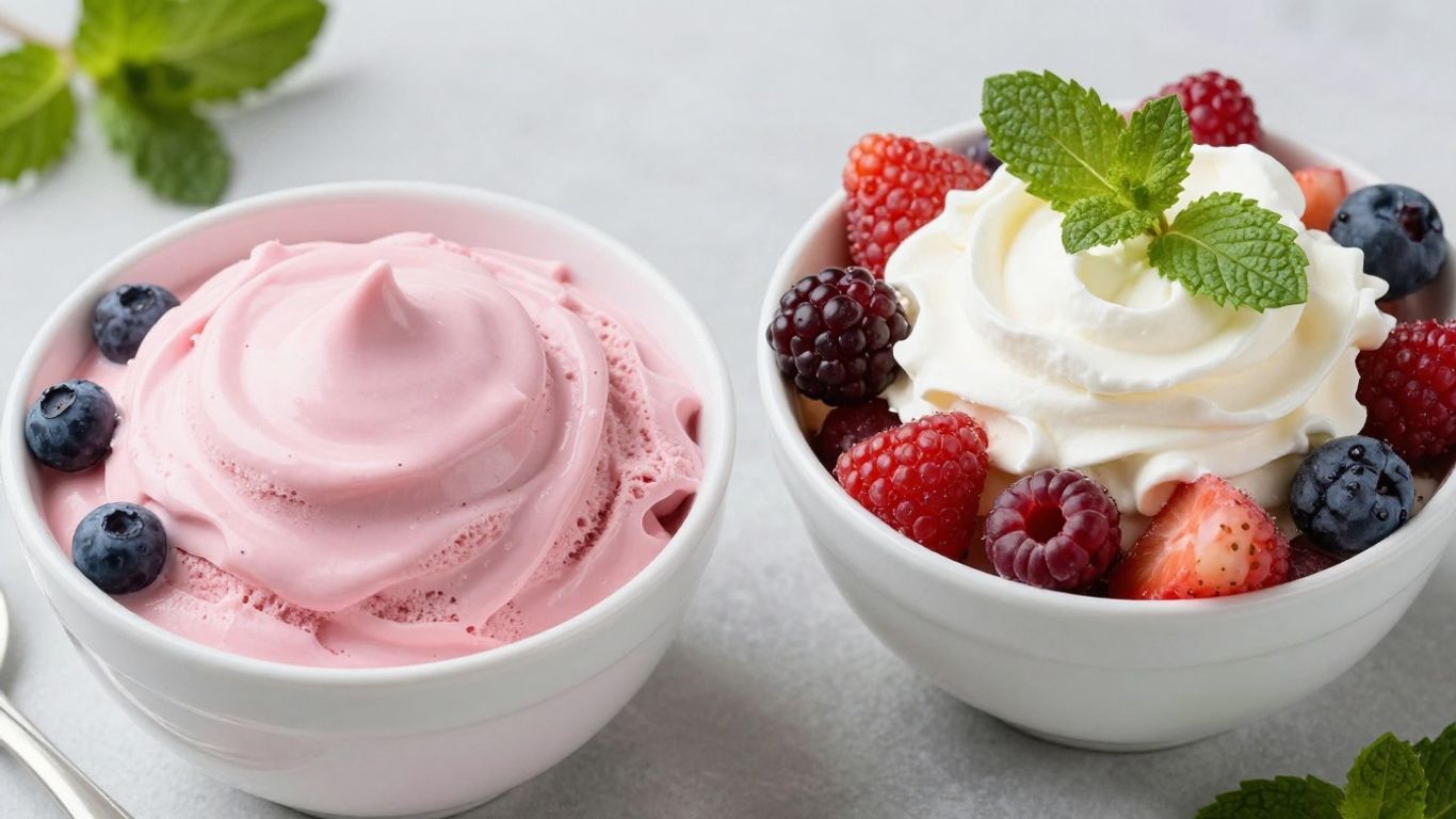 Colorful frozen fruit sorbet and whip desserts.
