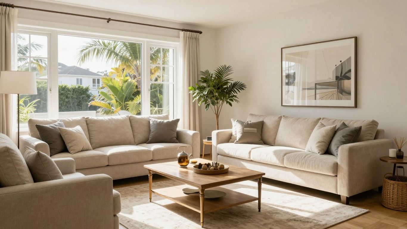 Stylish furniture in a bright, welcoming Airbnb living room.
