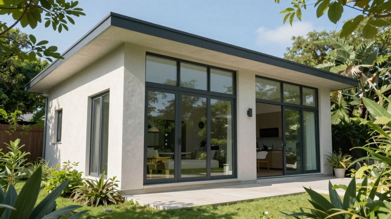 Modern home with shaded patio in a sunny, warm climate.