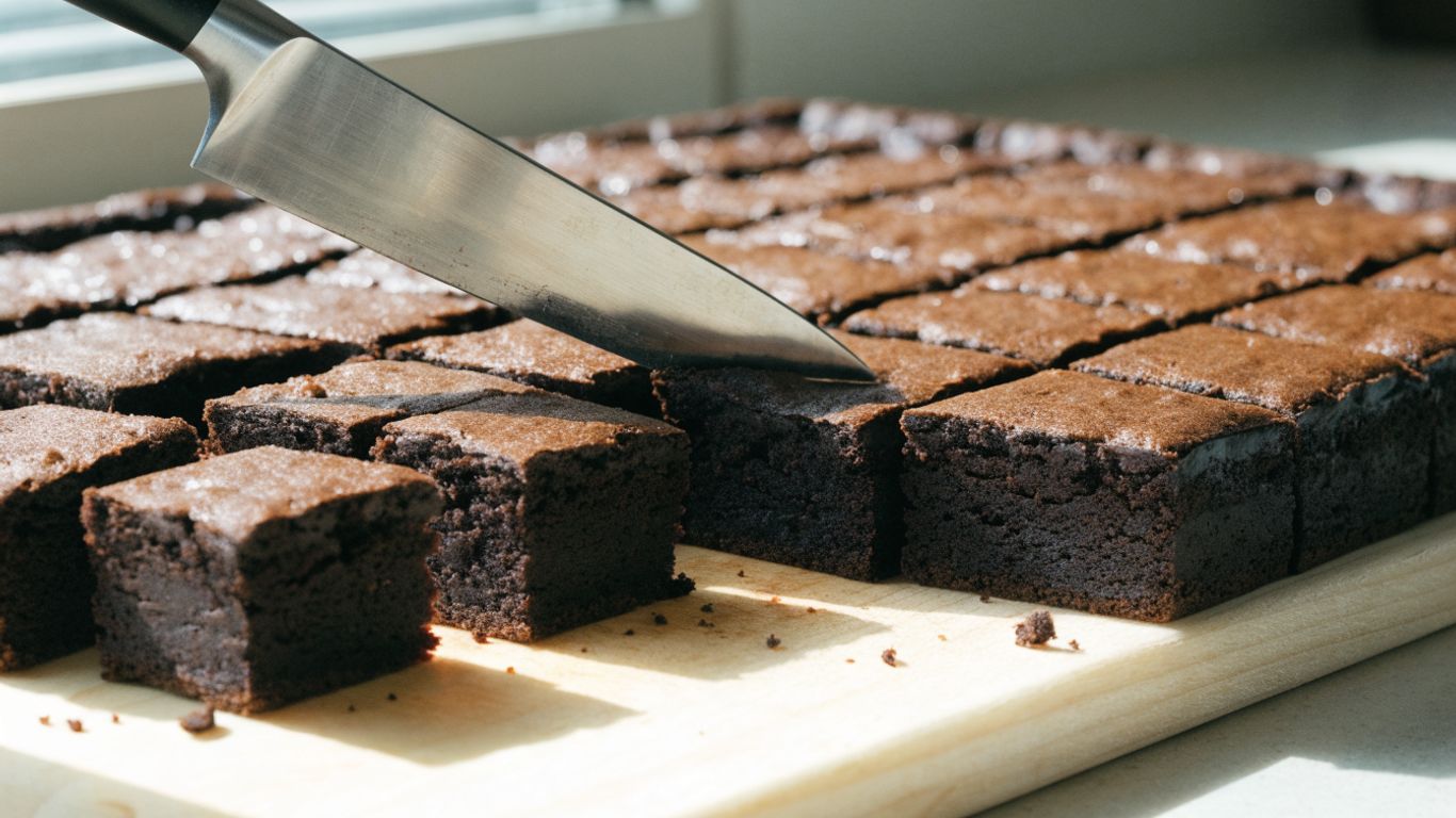Warm knife slicing neat fudgy brownie squares