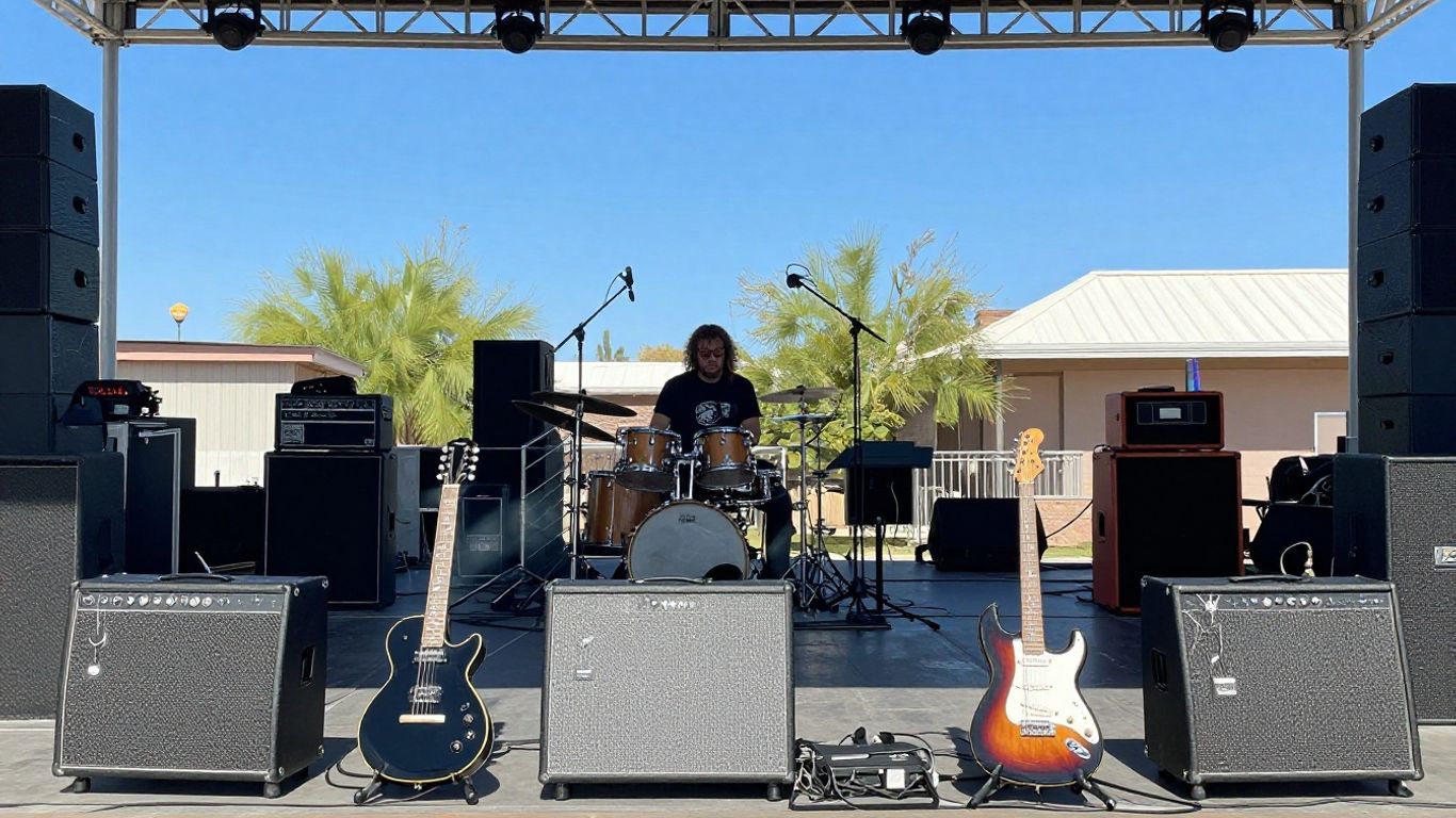 Band equipment on an outdoor stage in Arizona.