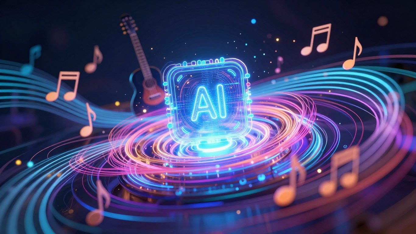 AI music generation with sound waves and instruments.