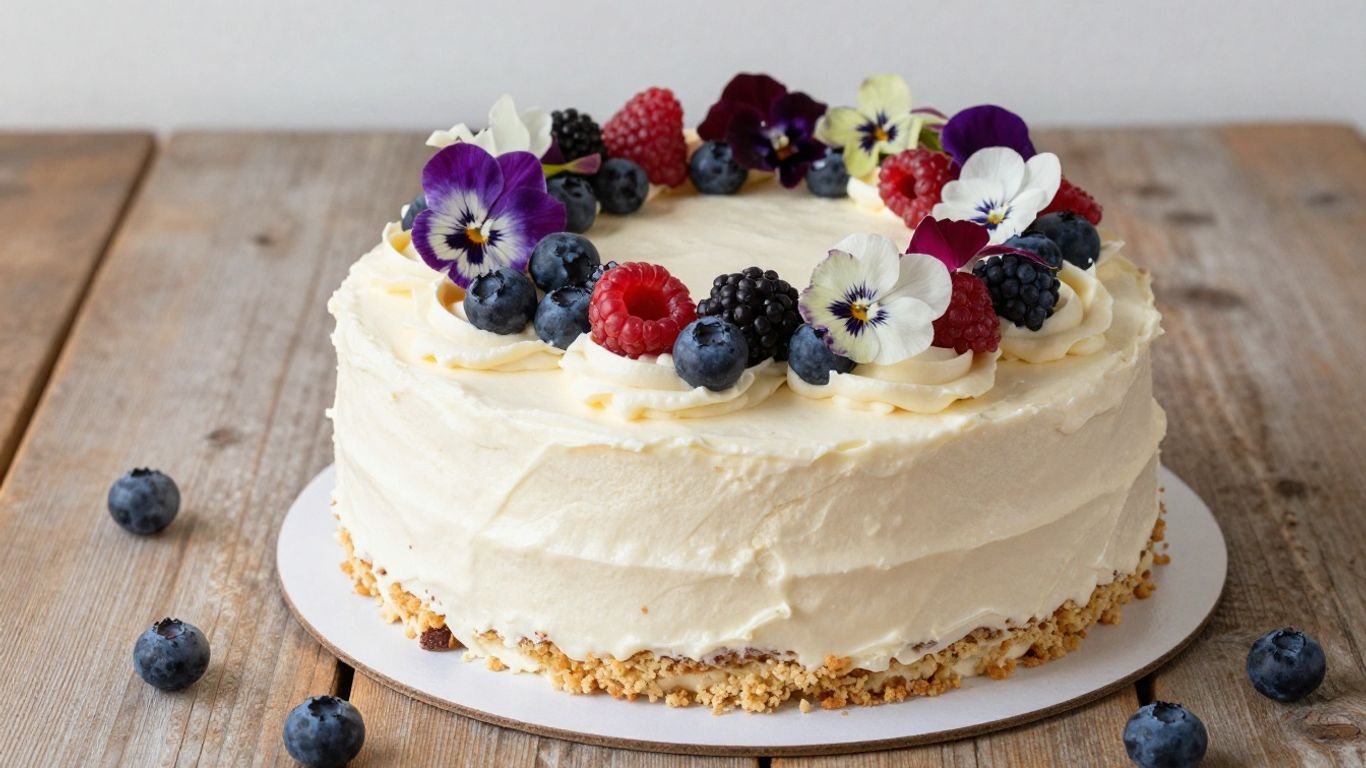 Delicious gluten-free, dairy-free cake with fresh berries and flowers.