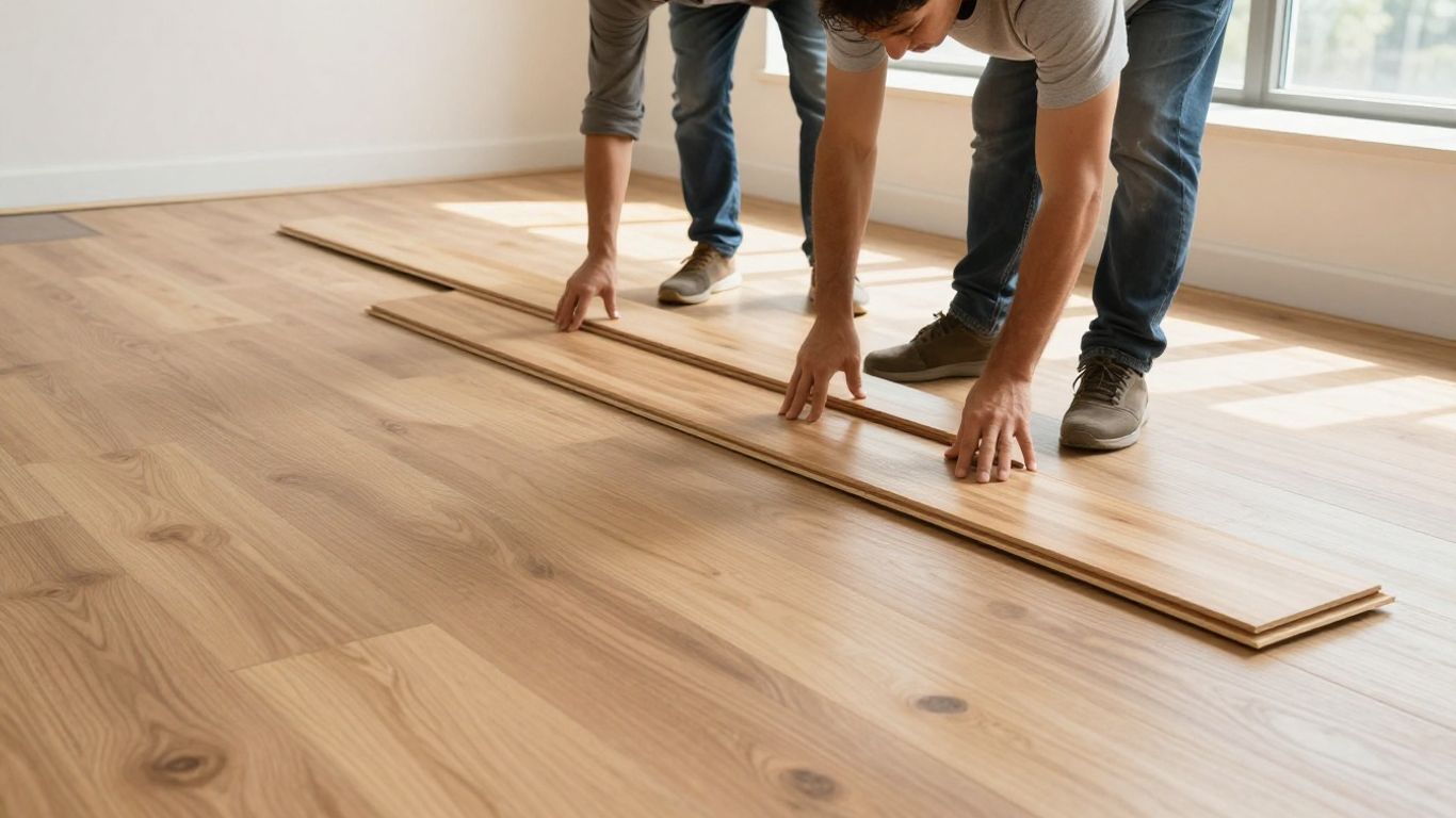 Flooring installation team working on hardwood floor.