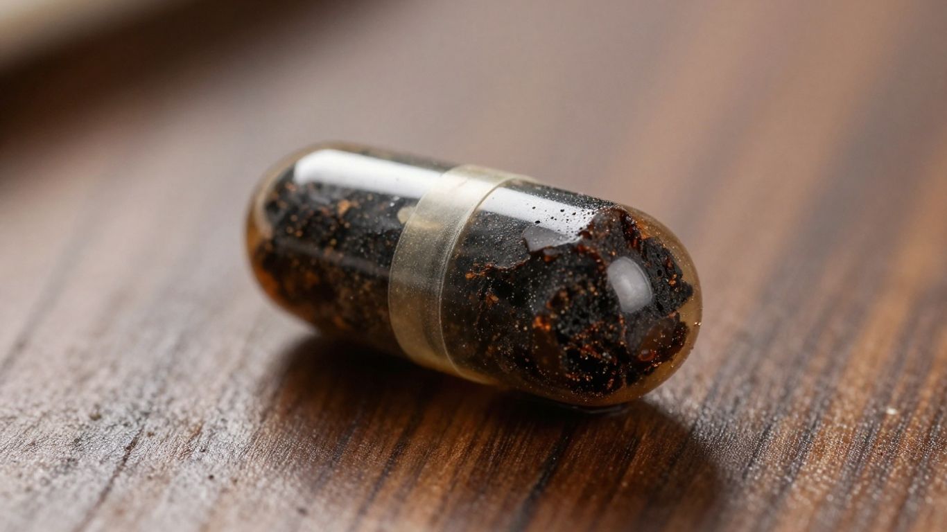 Shilajit capsule on a natural surface.