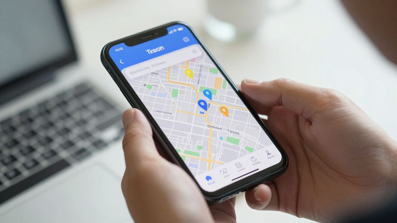 Smartphone showing local business map with pins.