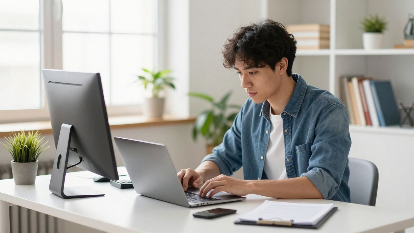 Person working efficiently at a clean, organized desk.