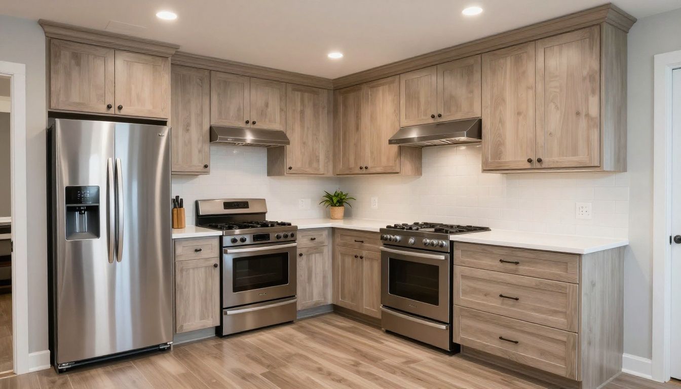 A wide shot of a completed custom kitchen in a Burnaby home, showing perfect alignment of cabinets, consistent reveals on doors and drawers, and seamless integration with appliances.