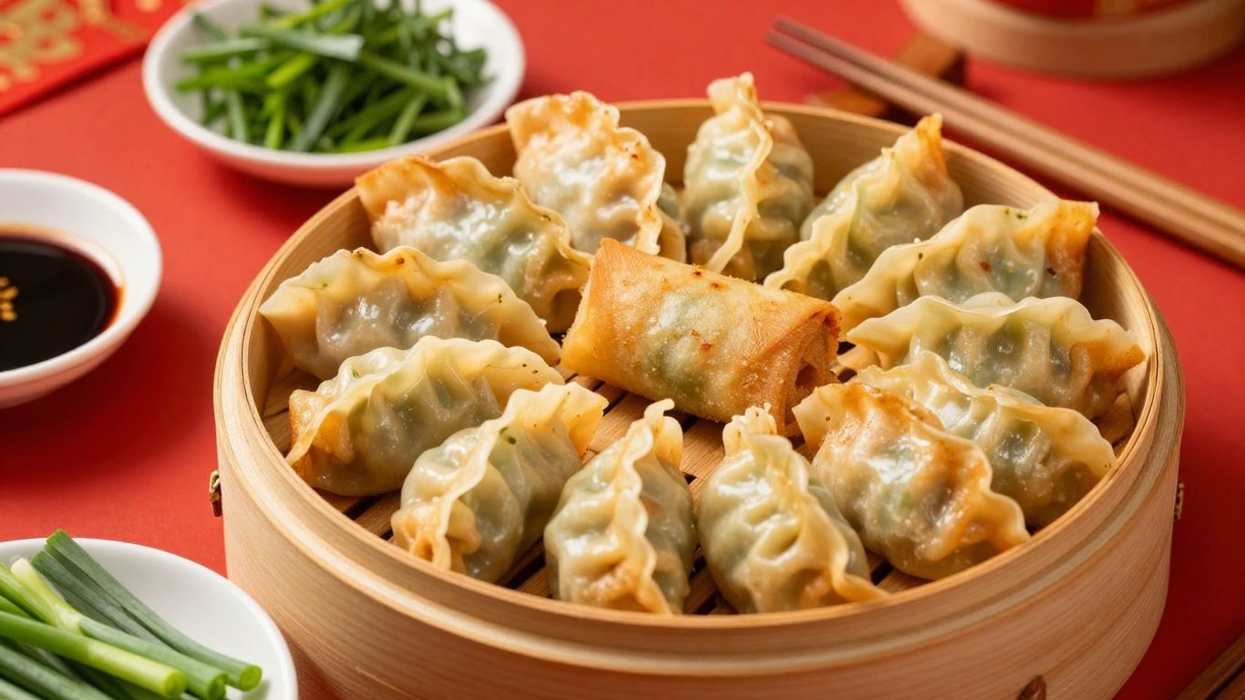 Golden spring rolls and dumplings on platter