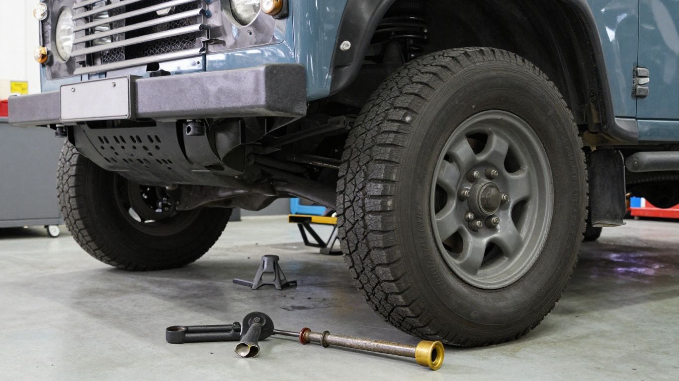 Mechanic examining vehicle suspension safely