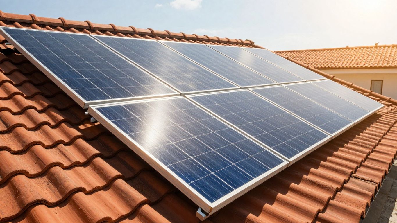 Solar panels on a sunny rooftop.