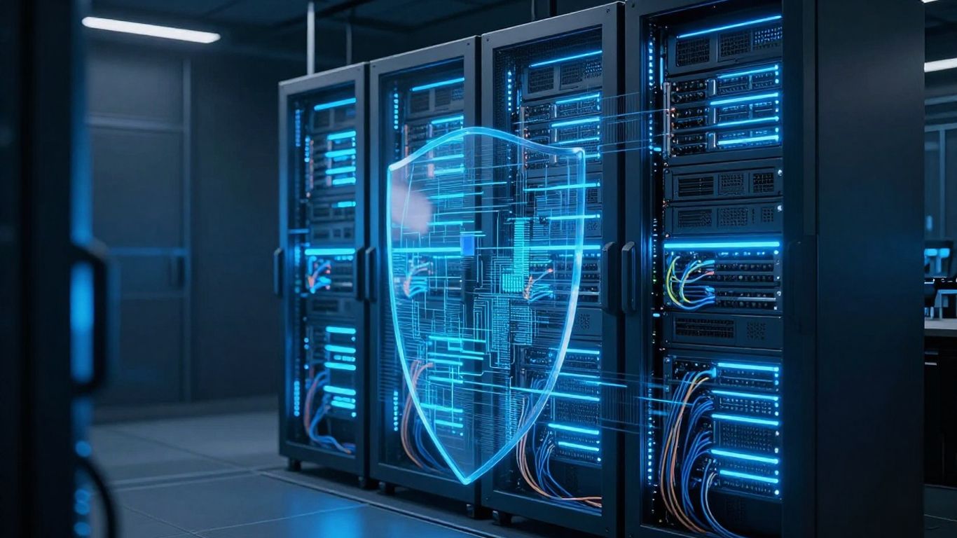 Secure server room with digital shield protecting data.