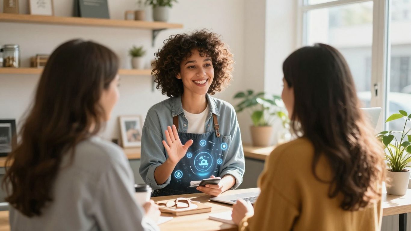 Pequeno negócio e cliente interagindo digitalmente.
