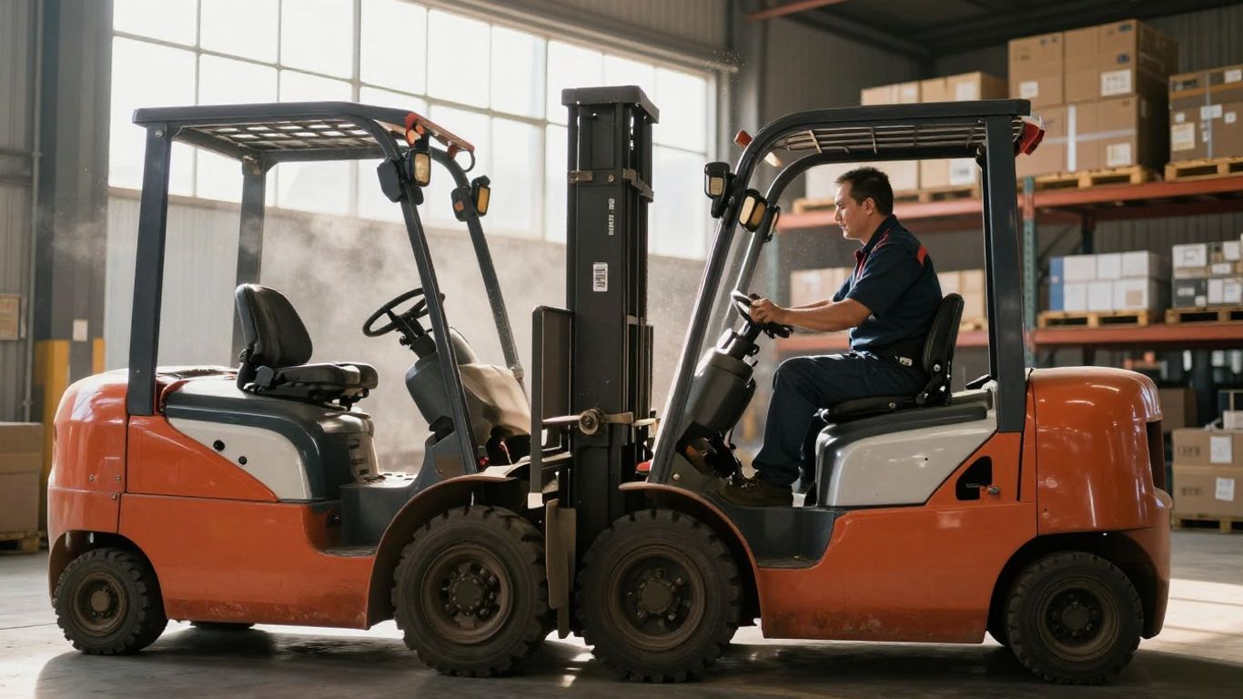 คนขับรถโฟล์คลิฟท์กำลังยกสินค้าในคลังสินค้า