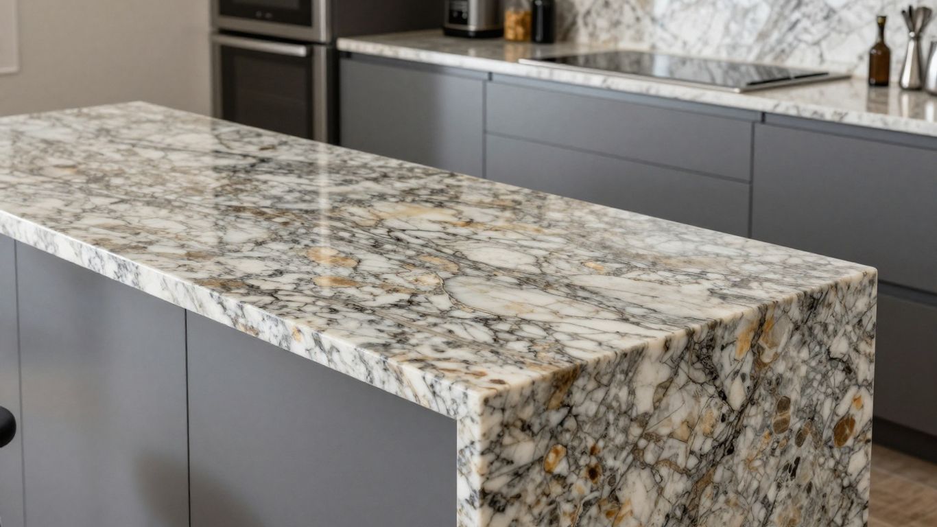 Granite countertop kitchen island with elegant veining.