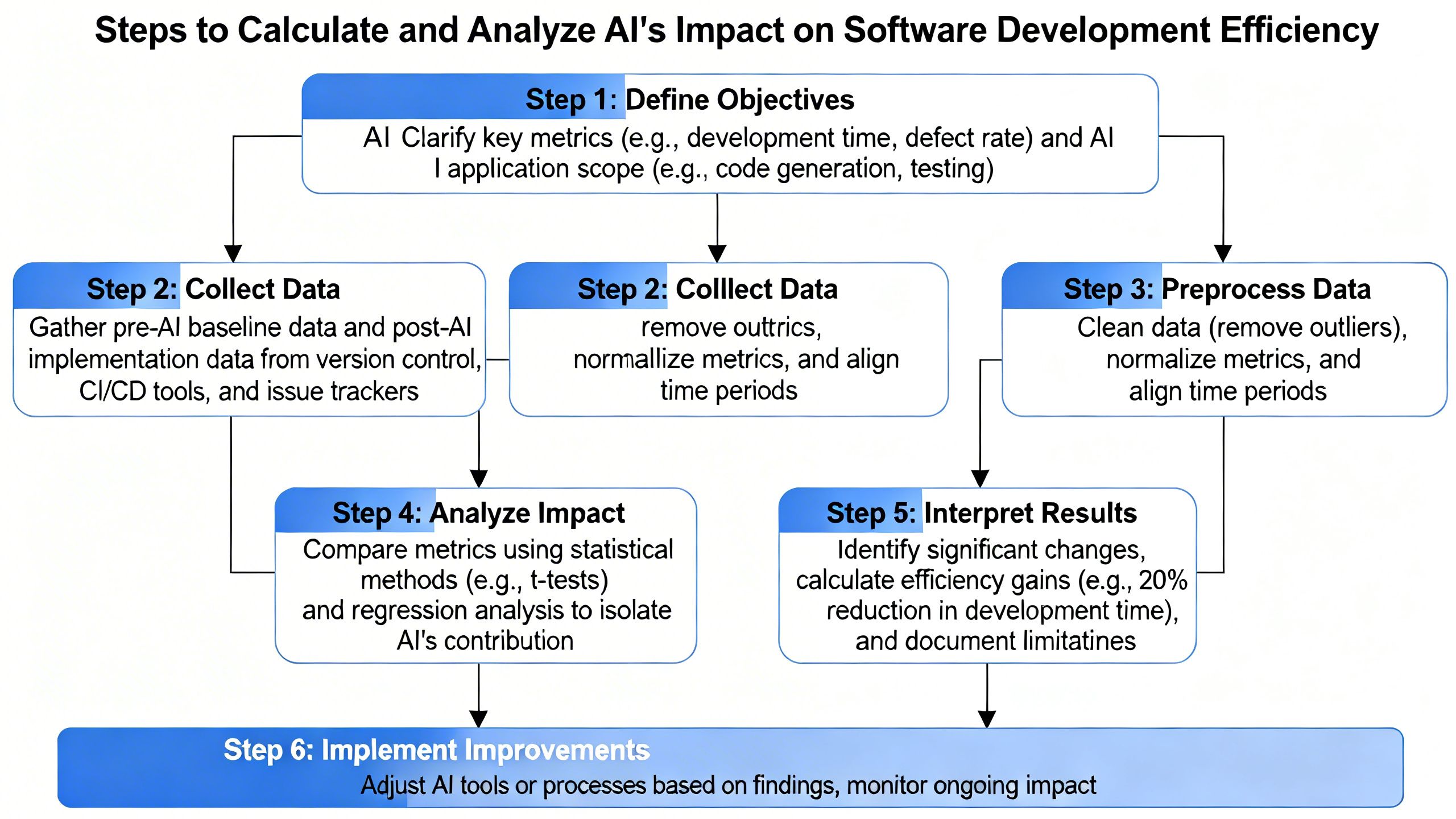 A flowchart illustrating the steps to calculate and analyze AI's impact on software development efficiency.