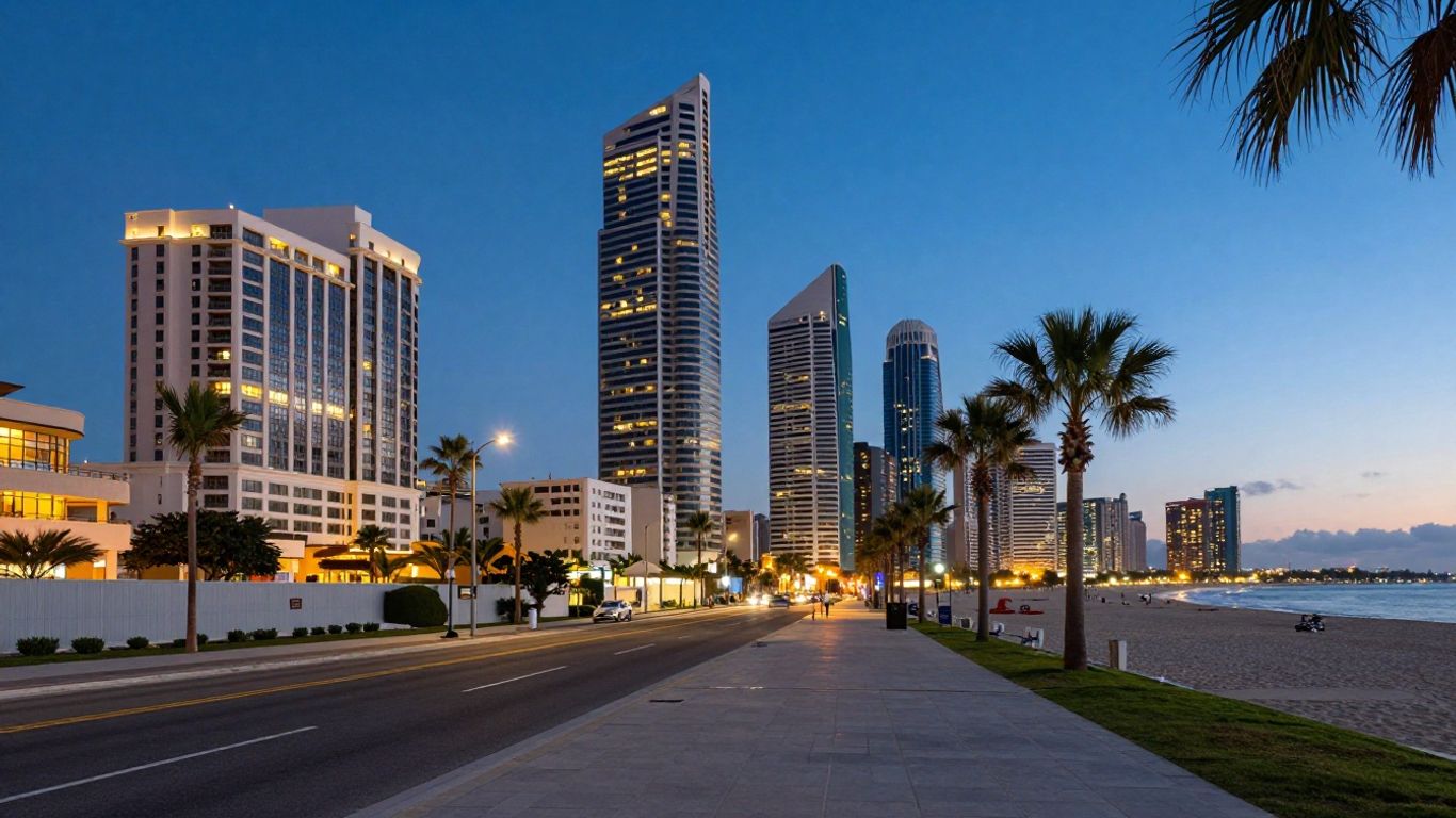 A vibrant city scene with coastal views
