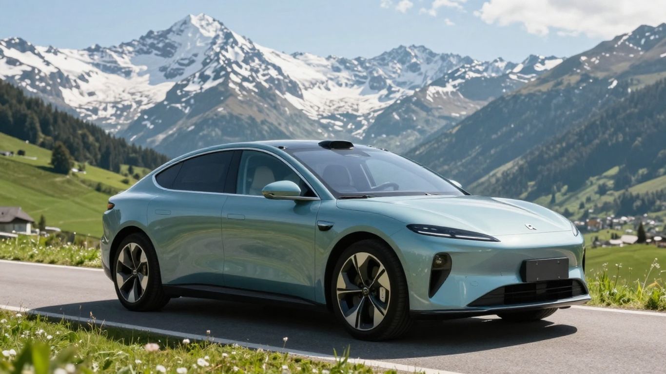 Elektroauto auf Schweizer Bergstraße mit Alpenpanorama