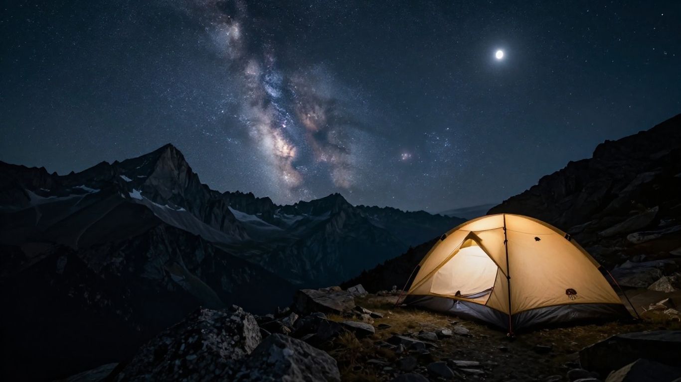 Zelt auf Berggrat bei Nacht mit Sternenhimmel