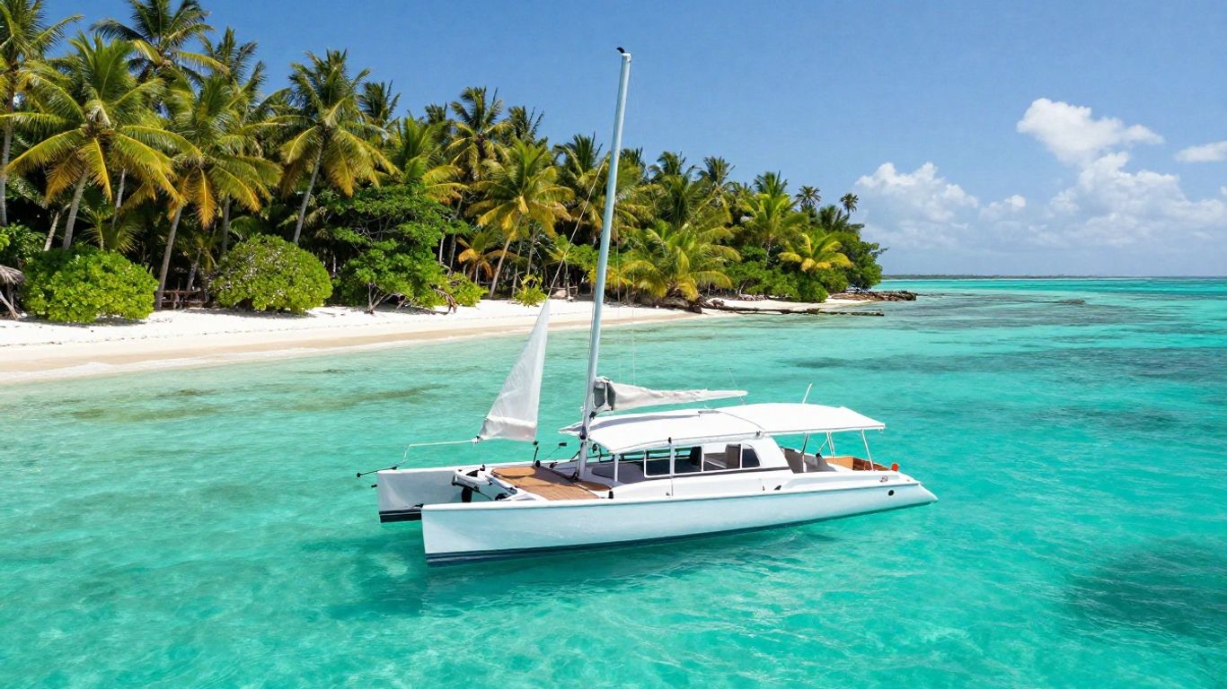 Catamaran sailing in Belize waters near tropical island.