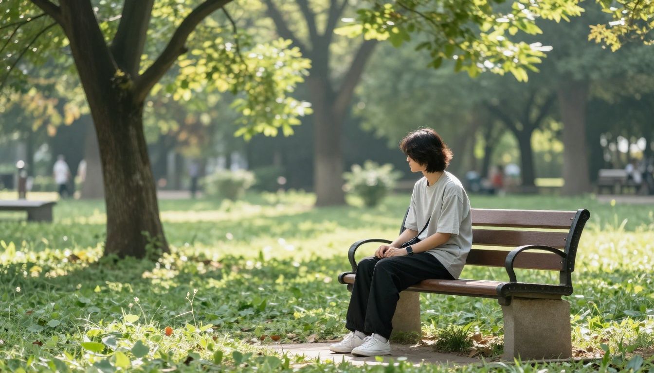 A person sitting quietly on a bench in a peaceful, sunlit park, looking calm and contemplative, with soft light filtering through the trees.