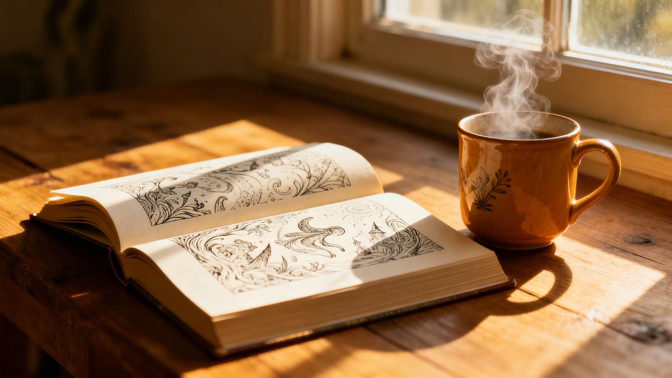 Cozy reading nook with book and warm mug.