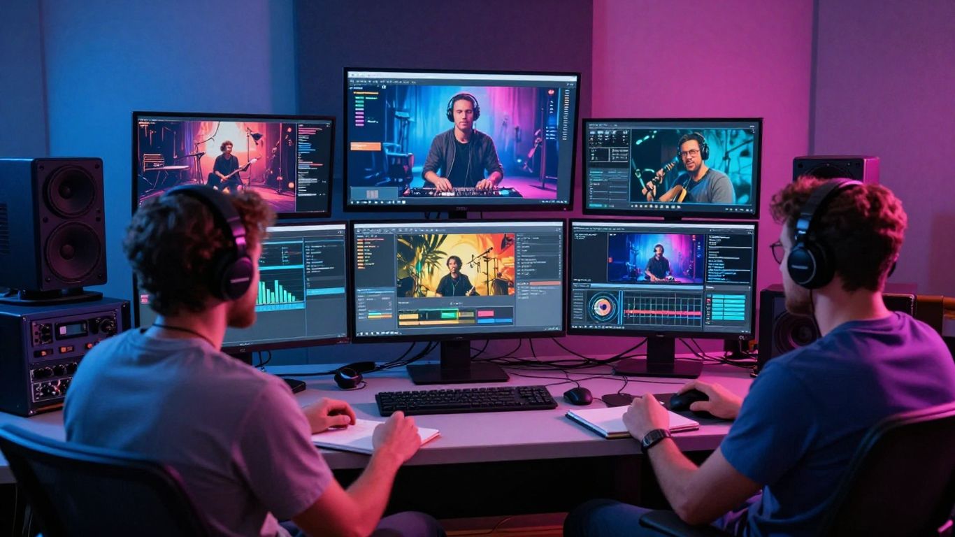 Musicians reviewing AI-generated music visuals