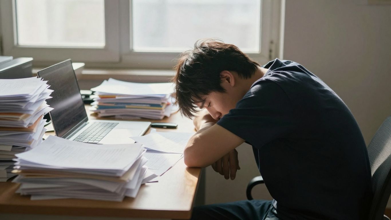 Person feeling stuck at a cluttered desk.