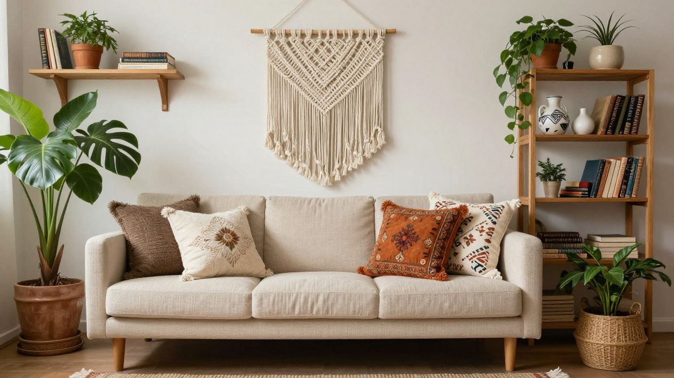 Bohemian living room with plants and textured decor.
