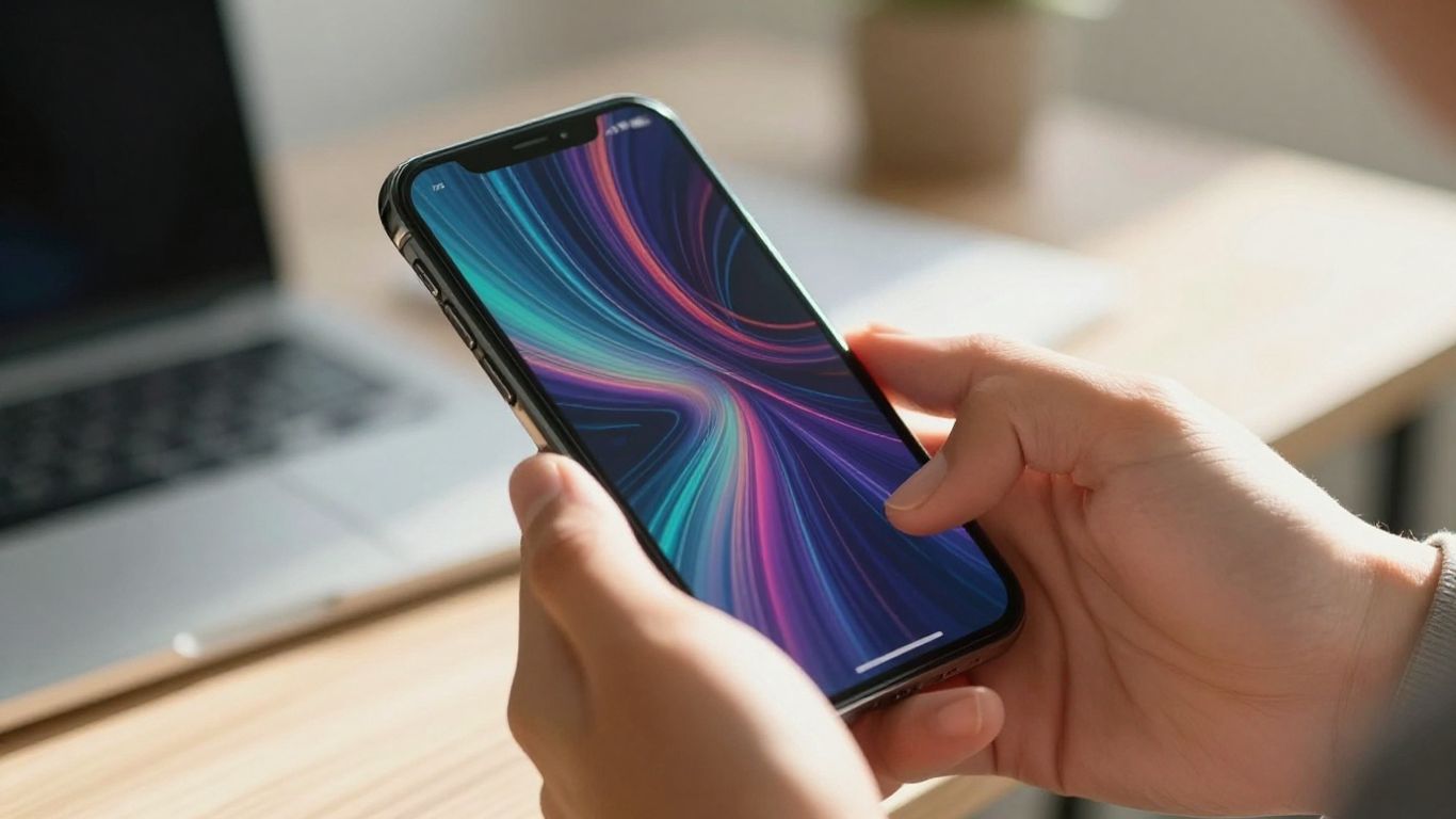 Hands holding a smartphone with a digital pattern.