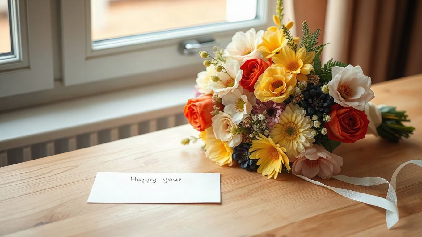 Soft pastel bouquet beside a handwritten card
