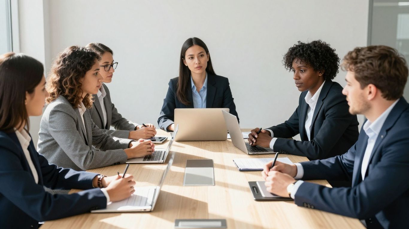 B2B SaaS business team collaborating in a modern office.