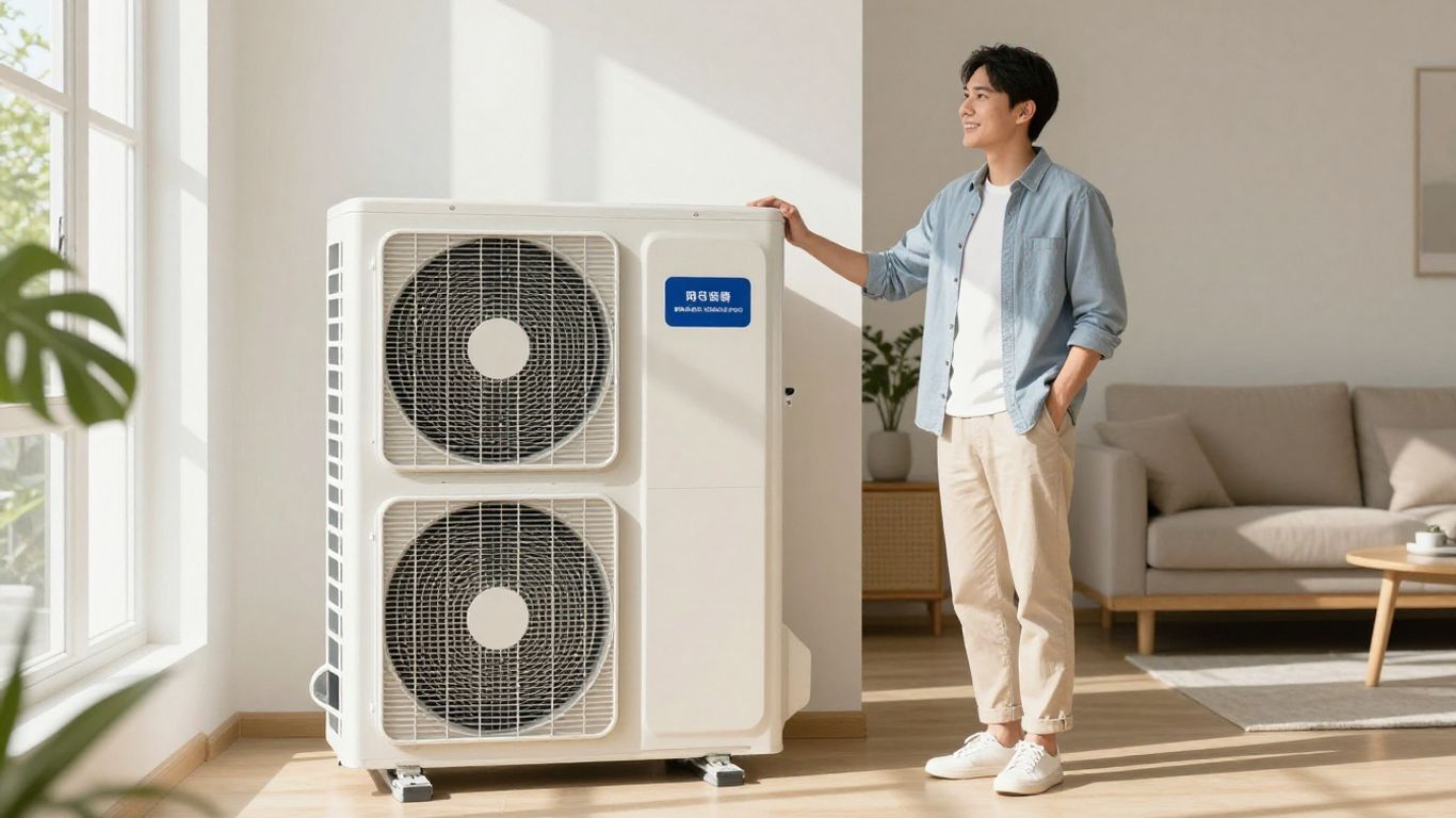 Homeowner next to efficient air conditioning unit.